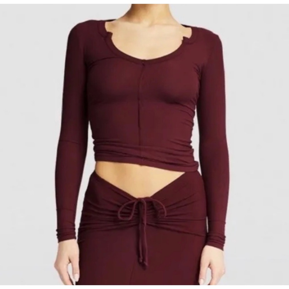 SKIMS Sofy Lounge Split Neck Long Sleeve Top Burgundy Boho Wine Top L